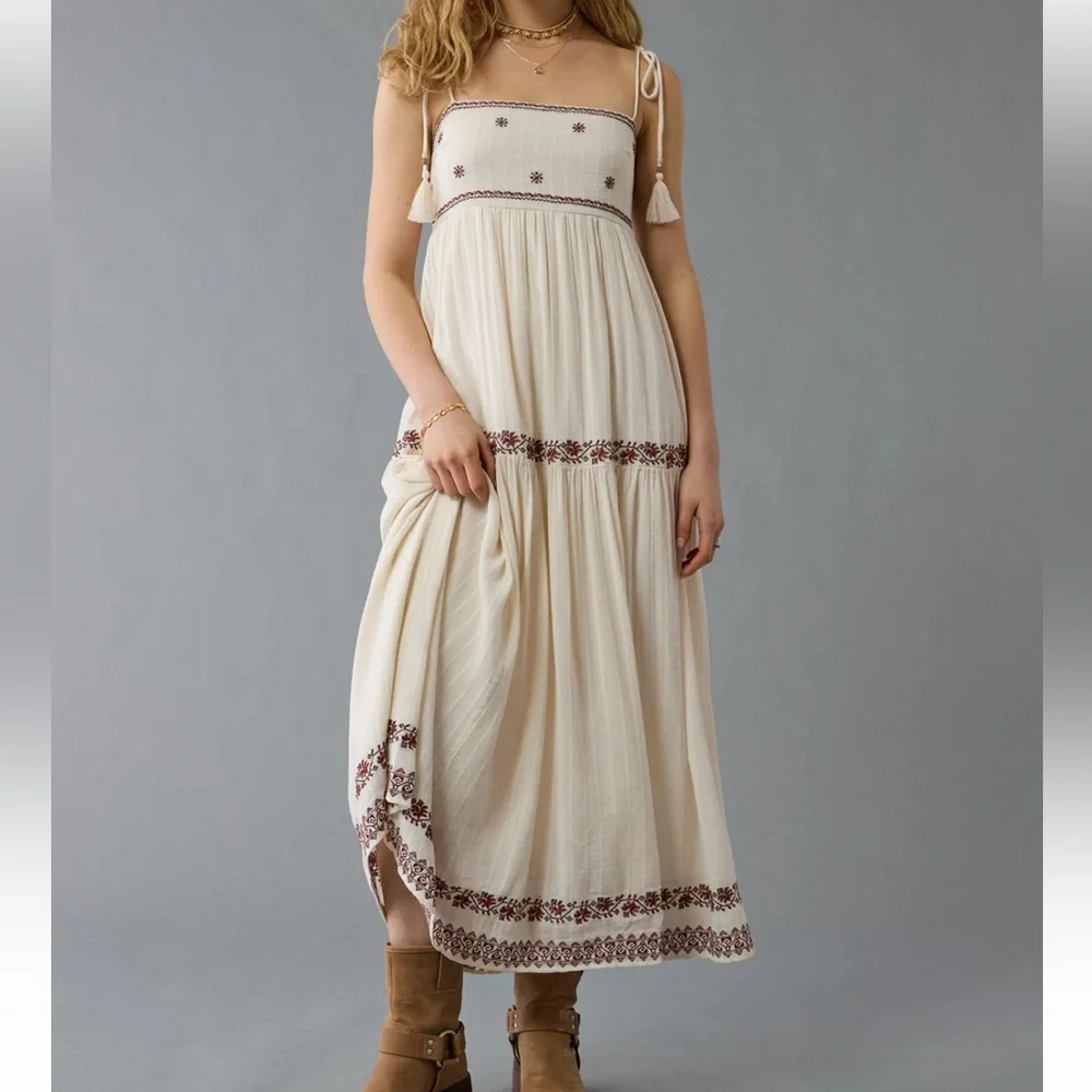 NWT AE Cream Boho Maxi Dress with Embroidered Trim - Picture 1 of 6